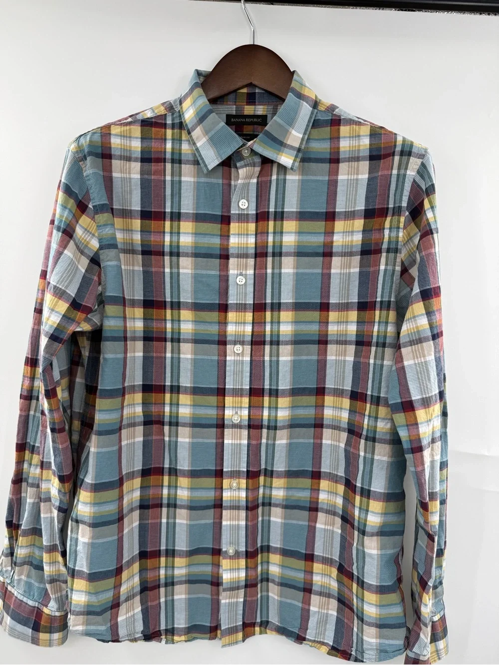 Banana Republic Slim Fit Plaid Button Front Shirt Large Blue Yellow Long Sleeve